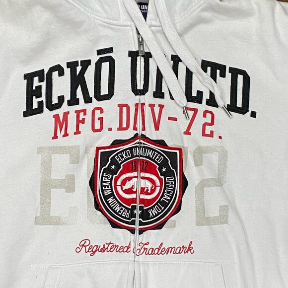 Marc Ecko White Hoodie Size Extra Large Full Zip Front Logo Graphic Outerwear - Picture 2 of 9